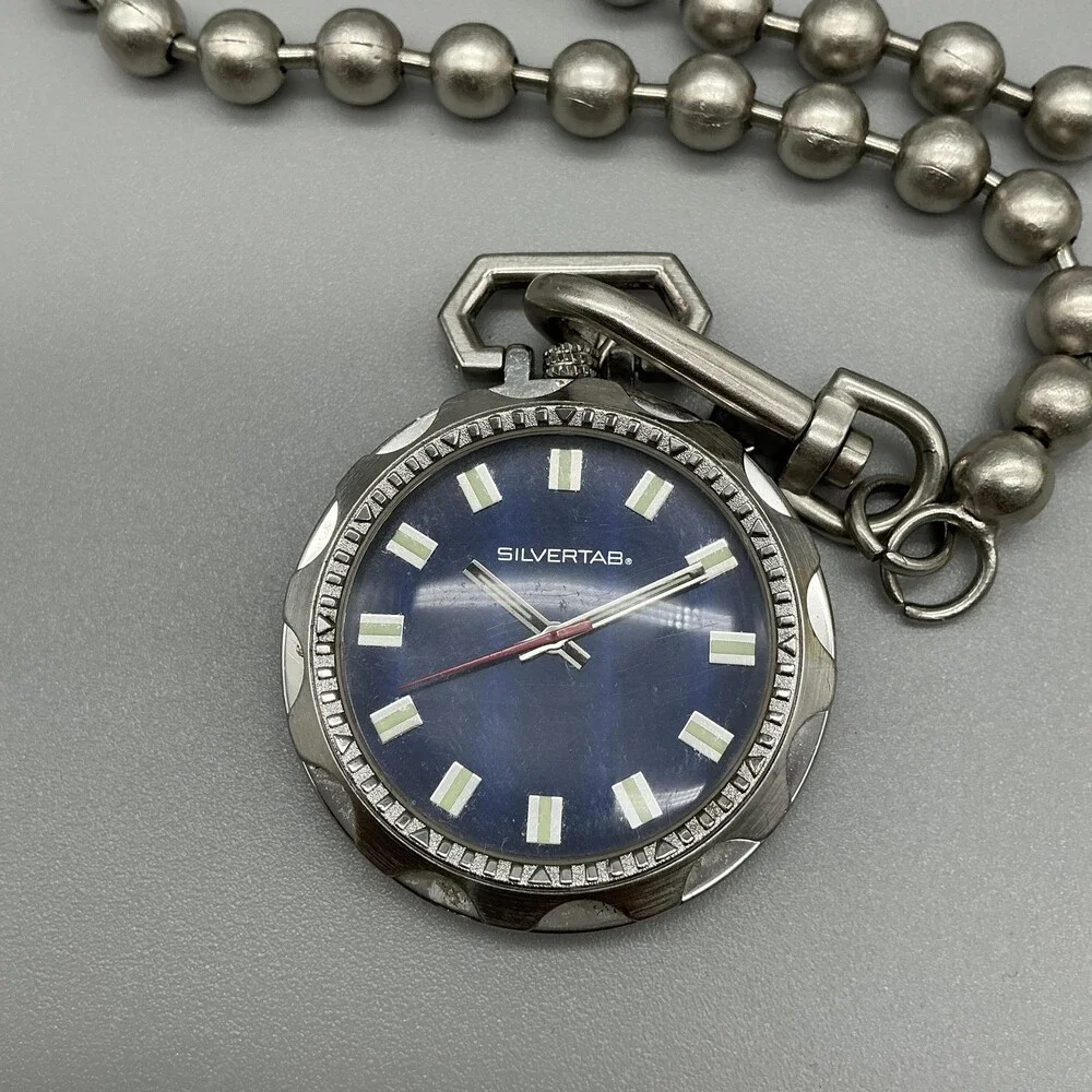 Silvertab Pocket Watch Men 44mm Silver Tone Open Face Blue Chain New Battery